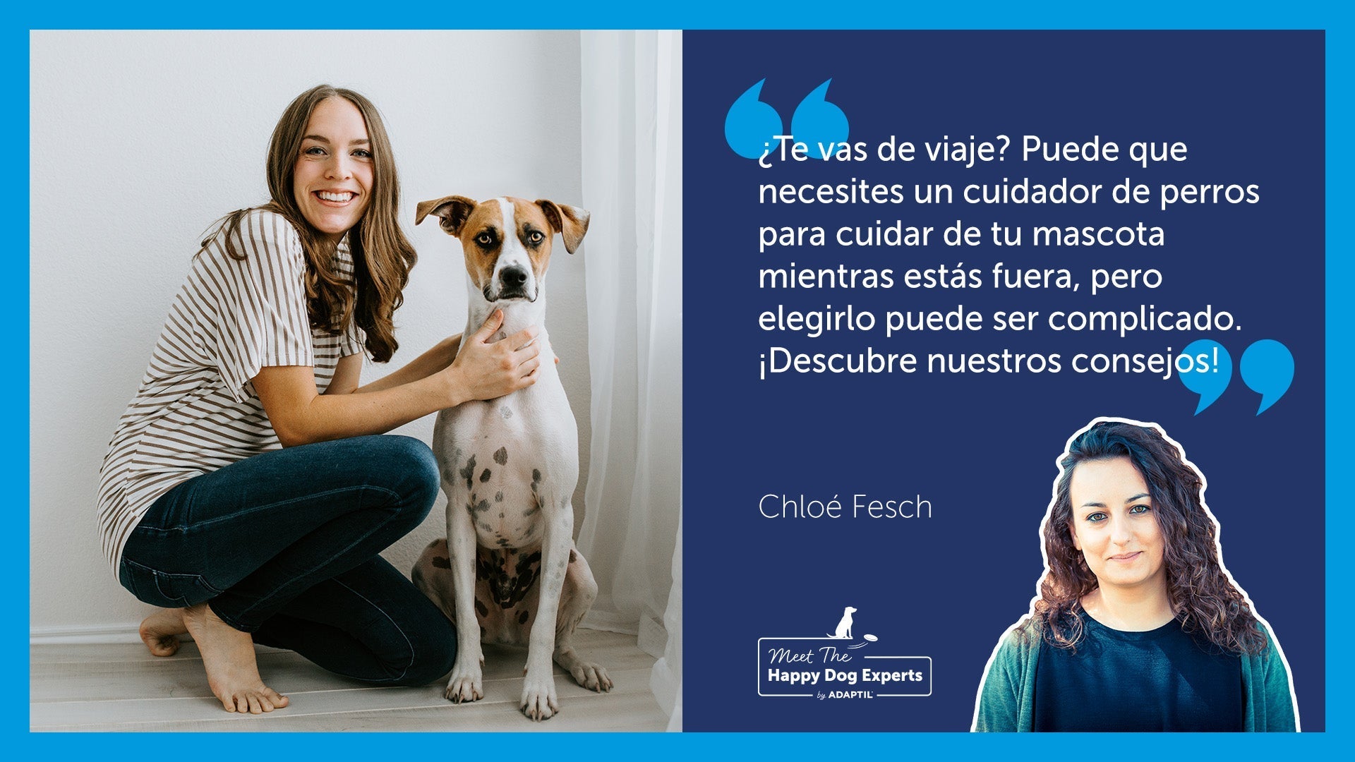 Mujer sonriendo con su perro en casa. 